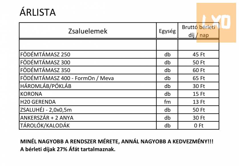 Födémzsalu doka zsalu bérlés zsalurendszer kölcsönzés apróhirdetés