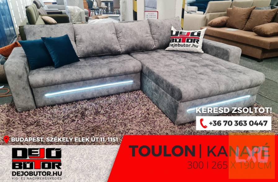 Új Toulon grey sarok kanapé ülőgarnitúra 260x190 cm ágyazható LED apróhirdetés